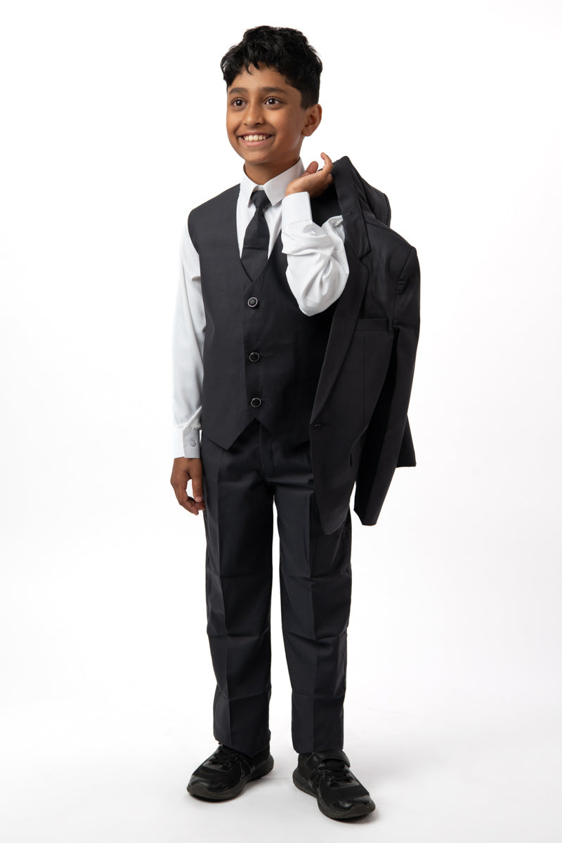 5 Pieces Kids Blazer Vest Shirt Pants Formal Set In Slate Grey